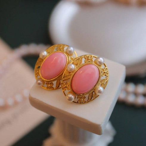 Stylish Pink Queen Conch Shell Pearls Earrings Gold Vermeil - House Of Pearls